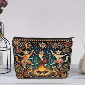 Vibrant Starry Night Campfire Makeup Bag Whimsical Playful Cats & Floral Pattern